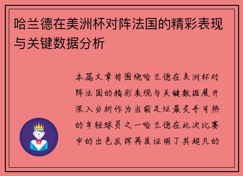 哈兰德在美洲杯对阵法国的精彩表现与关键数据分析